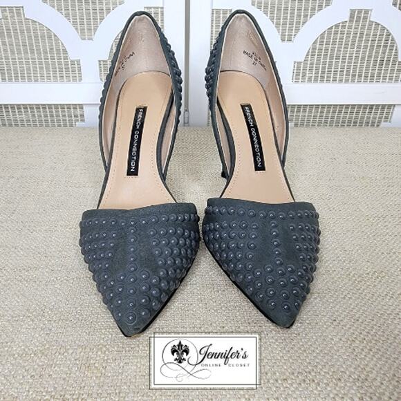 French Connection Women's Gray Ellis Studded Suede Heels Size 6.5 - Picture 2 of 13